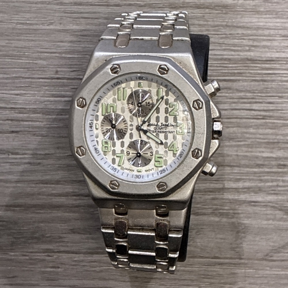 Vintage Paul Jardin Stainless Steel Quartz Hexagon Face Glows In Dark Wristwatch